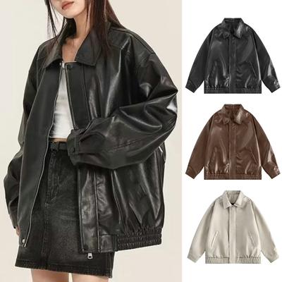 Women Faux Leather Jacket Long Sleeves Turn-down Collar Loose Fit Zipper Pocket Solid Color Vintage American Style Oversized Ladies Female Coat
