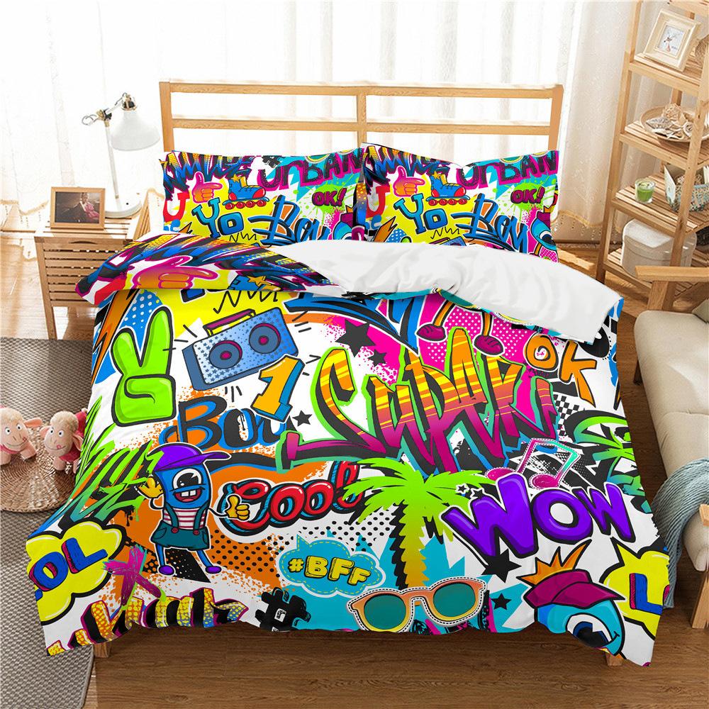 Three-Piece 3D Digital Cartoon Graffiti Pattern Printing Quilt Cover Bedding