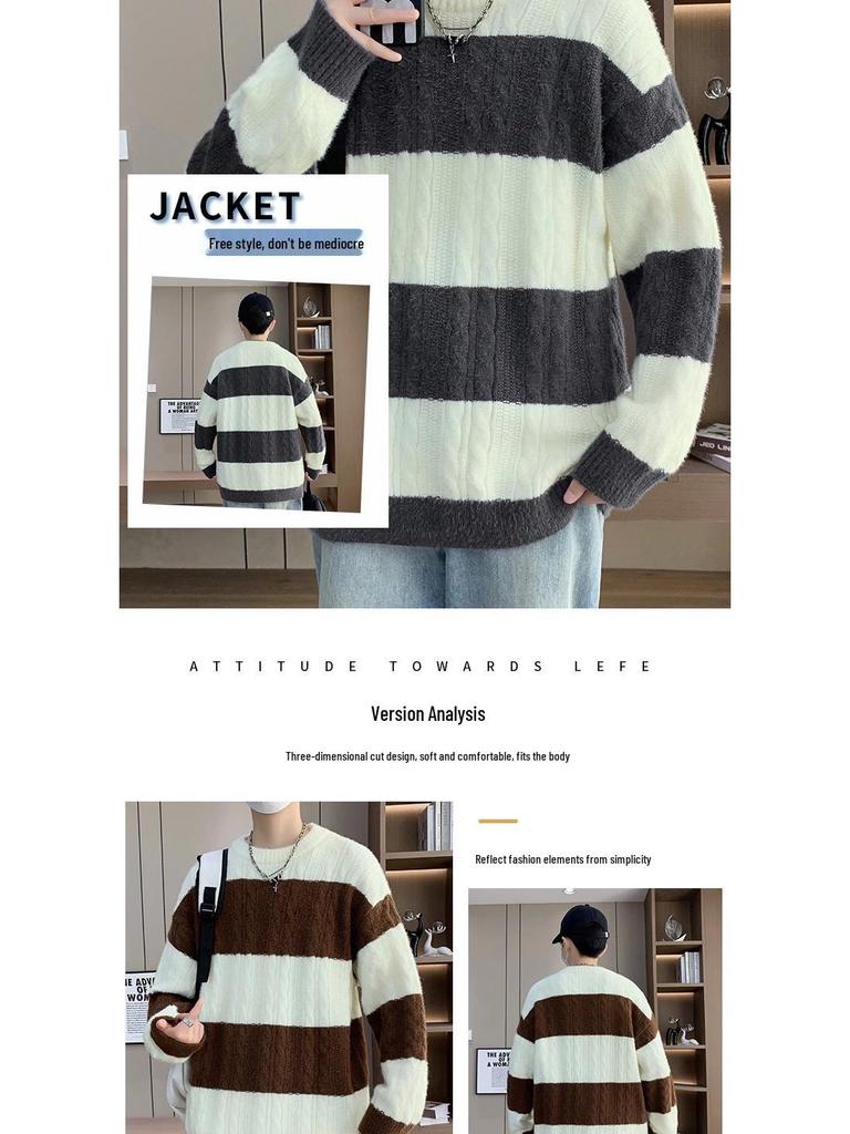 Men's Trendy Striped Cable Knit Sweater - Autumn/Winter 2025 Loose Warm Woolen Base Layer.