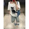 Loose Korean Puppy Print Slanted Shoulder Short-sleeved T-shirt Women's Summer Lazy Style Versatile Spice Girl Off-shoulder Top Trend