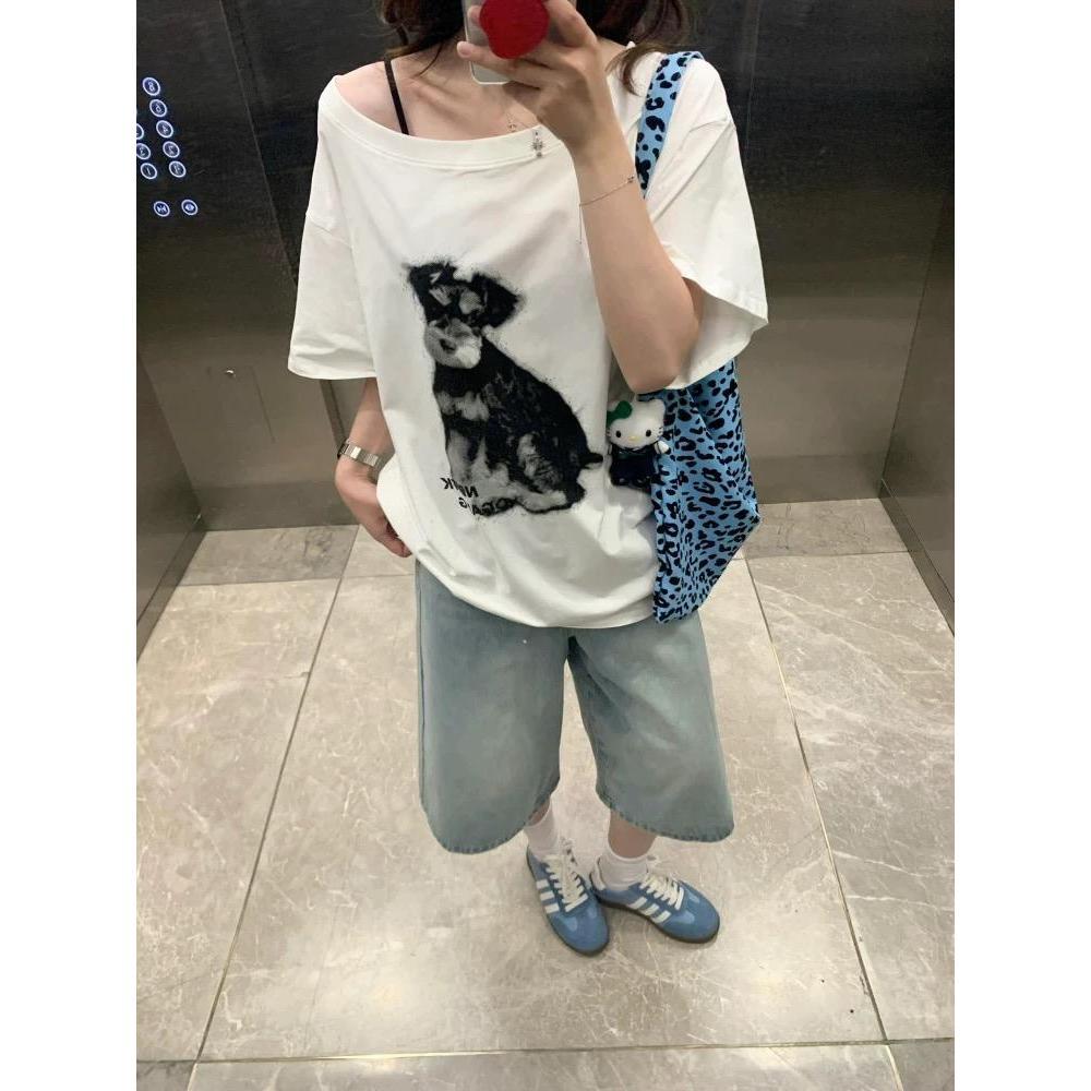 Loose Korean Puppy Print Slanted Shoulder Short-sleeved T-shirt Women's Summer Lazy Style Versatile Spice Girl Off-shoulder Top Trend