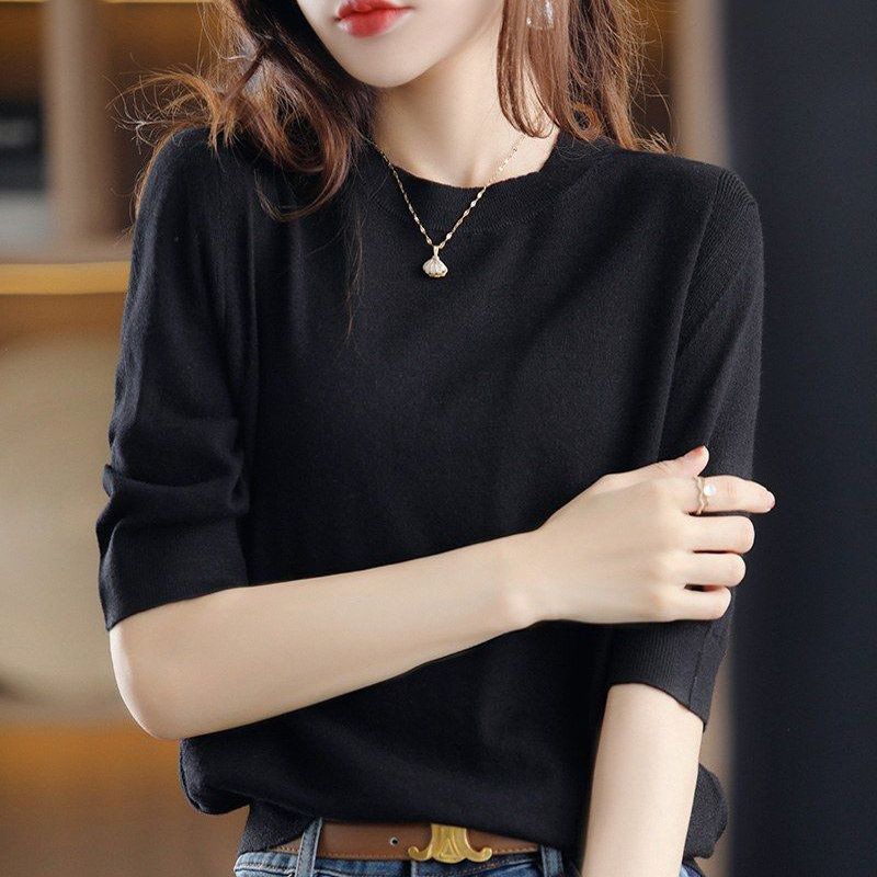 Round Neck Mid-Sleeve Knit Shirt for Women, New Summer Style, Retro Elegant Loose Plus-Size Top, Five-Quarter Sleeve T-Shirt, Base Shirt