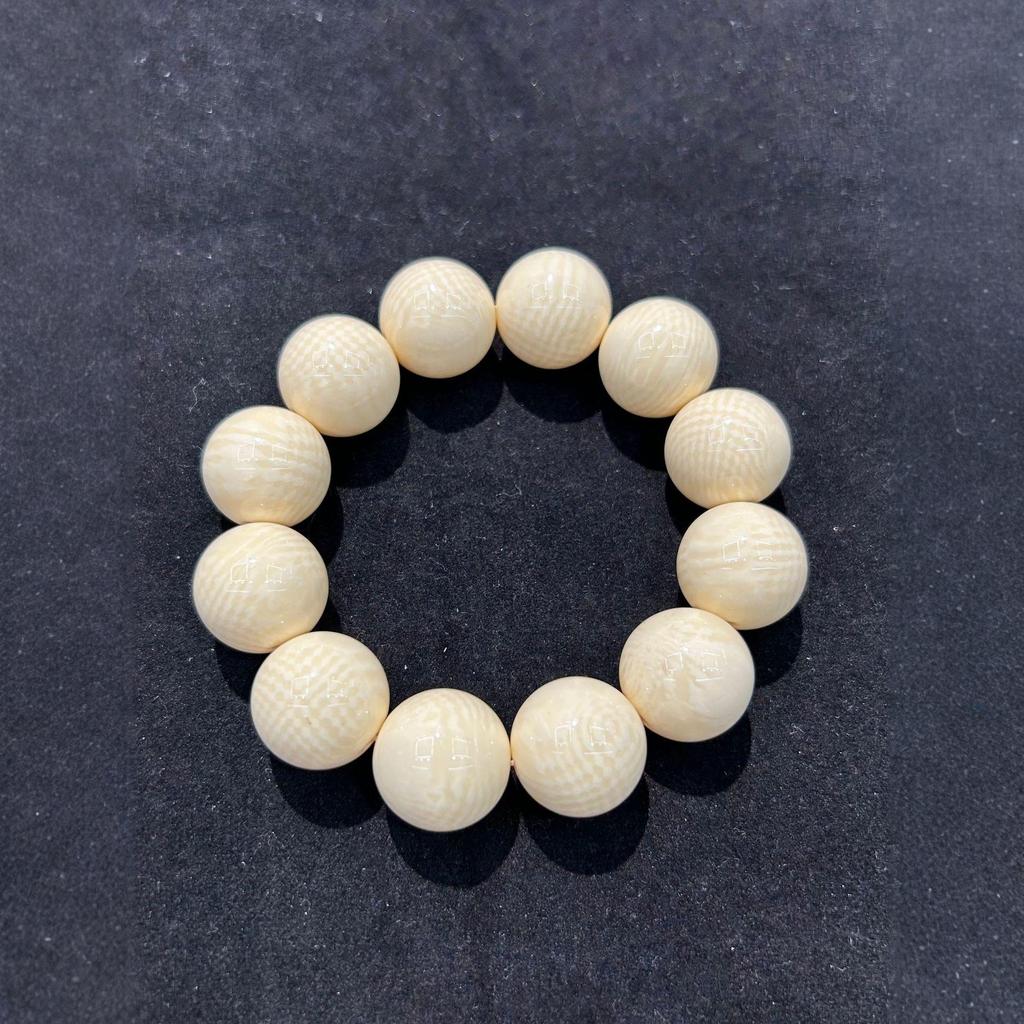 Erkek Budist Tesbih Bileklik - Izgara Desenli Taklit Mamut Fildişi, Tek Tur, Edebi El Sanatı