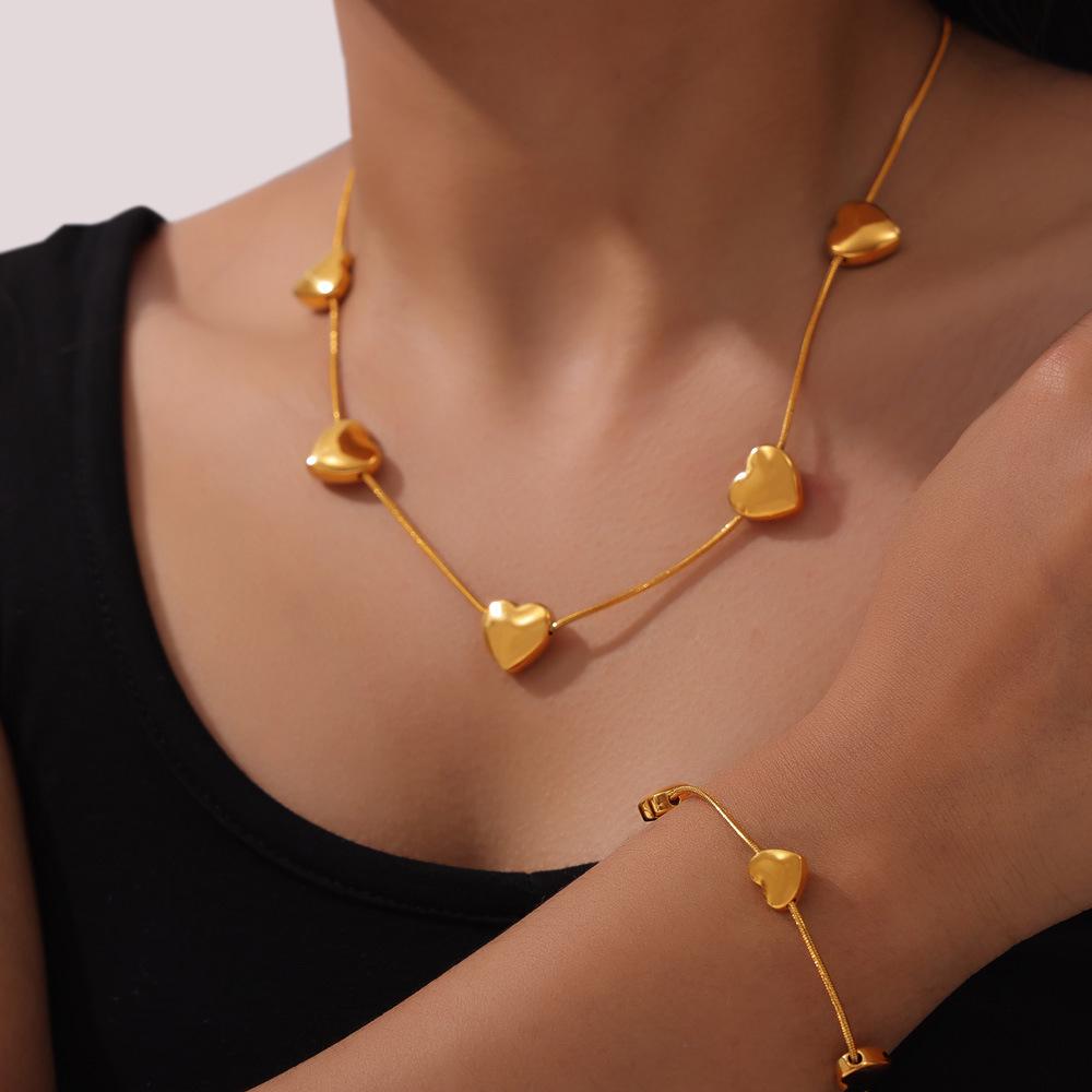 Korean Minimalist Snake Chain Heart Pendant Titanium Steel Jewelry Set