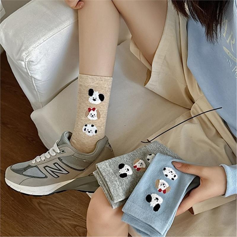 Boneless Cute Socks, Women's Mid-calf Cotton Socks, Spring and Autumn Flocked Bear Long Socks, Cartoon Pile Socks