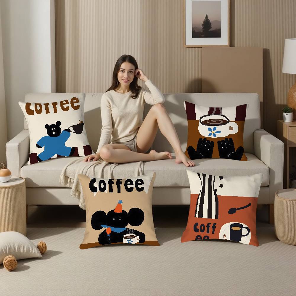 Creative Coffee Illustration Pillow Case Plush Fabric Soft Double Sided Print Home Sofa High Quality Cushion Cover Throw