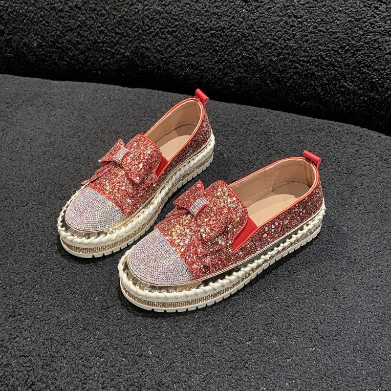 Bow Sequined Single Shoes Women's Autumn New Fashion Casual Low-heeled Single Shoes One-pedal Lazy Shoes