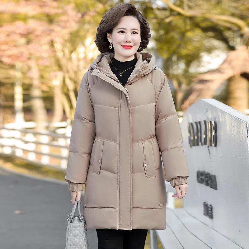 Winter Cotton Padded Jacket Hooded Solid Color Fleece Thick Parkas Warm Loose Long Overcoat Middle Aged Grandma Snow Coat