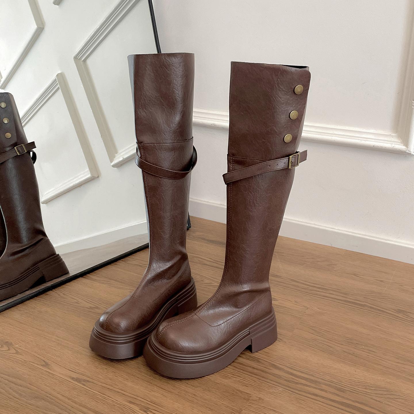 

Retro British style platform western cowboy boots women s 2025 new summer with skirt thin versatile boots 40 коричневый