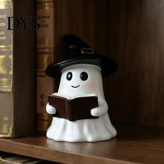 Cute Ghost Ornaments for Halloween Figurine with LED Light, Resin Witch Hat Statue Niche Aesthetic Ornament Guitar/Book, Luminous Sculpture