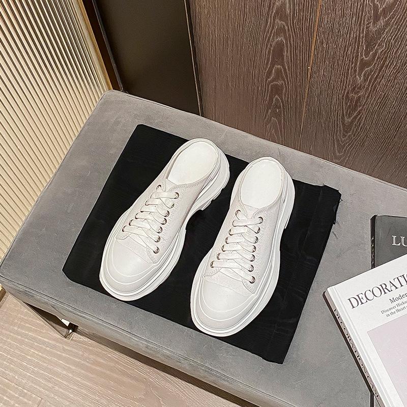 Sheepskin Version~ Spring and Summer Baotou Half Slippers Women Wear Thick Soles Inside Heightening Canvas Shoes Internet Celebrity Explosion White