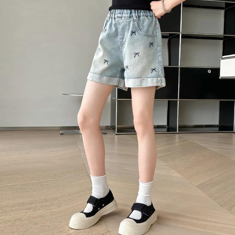 Children Casual Denim Shorts Bow Girls Elegant Above Knee Pants Mini Jeans Kids Teenager Brief Summer Shorts