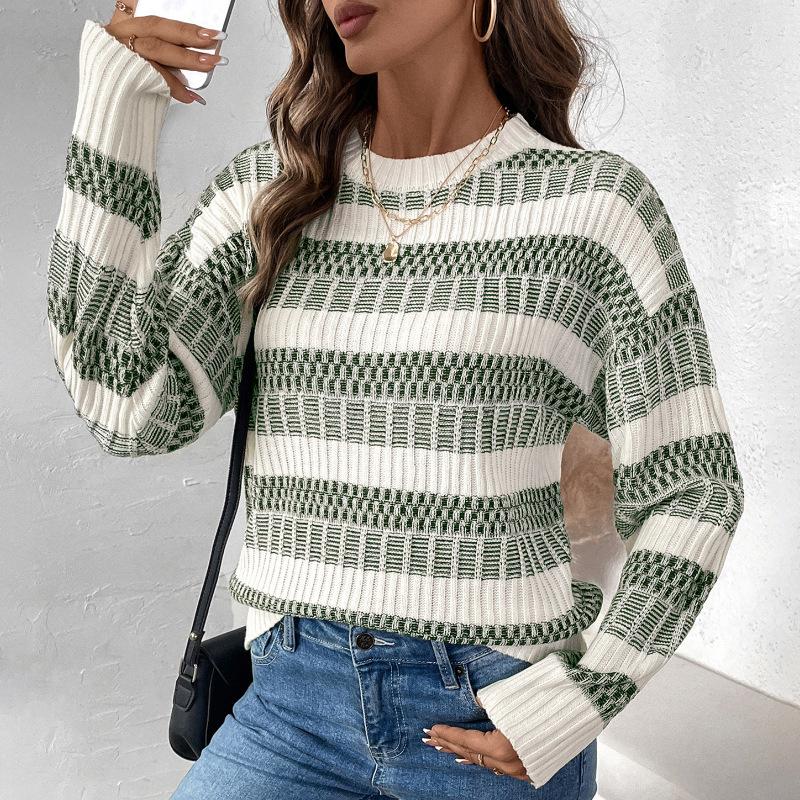 Women's Crew Neck Sweater, Striped for Fall and Winter