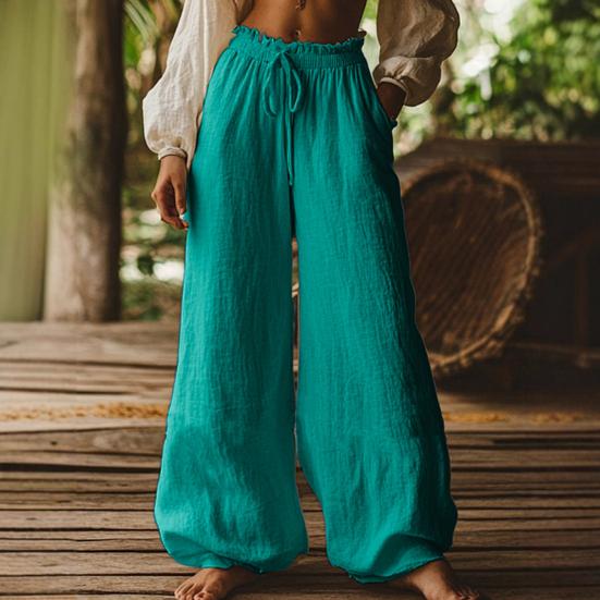 Damenhose Hohe Taille Weiter Bein Lockerer Schnitt Kordelzug Elastischer Bund Bohemian Stil Lang