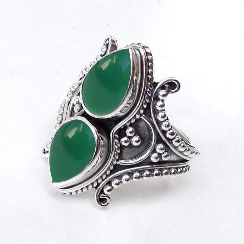 

Серебряное кольцо 925 пробы, Кольцо с зеленым ониксом и грушей, Женское кольцо, Кольцо с камнем, Ювелирные изделия ручной работы, Кольцо для женщин, Обручальное кольцо 8.5