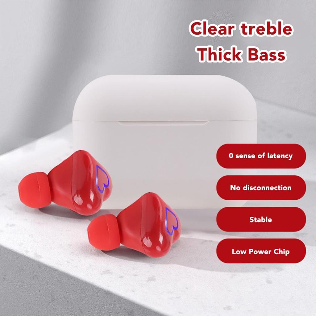 Earbuds, Heart Shaped Cordless Earbuds HiFi Stereo Sound Cute, Stereo Sound Built in Mic 5.3 Cordless Headphones (Red)