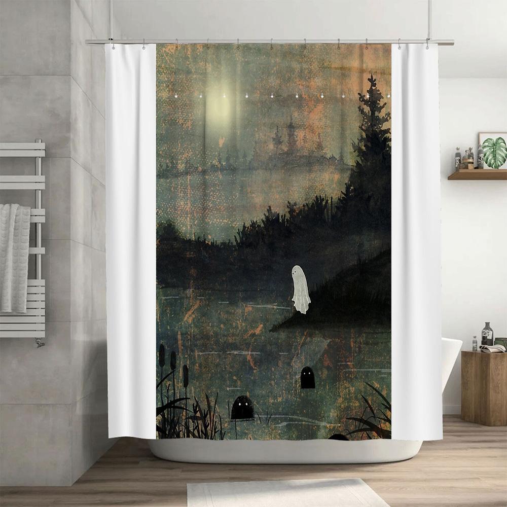 Spooky Ghost Halloween Shower Curtain Set Waterproof Bathroom Decor Eerie Forest Night Landscape Backdrop Vintage Gothic Home