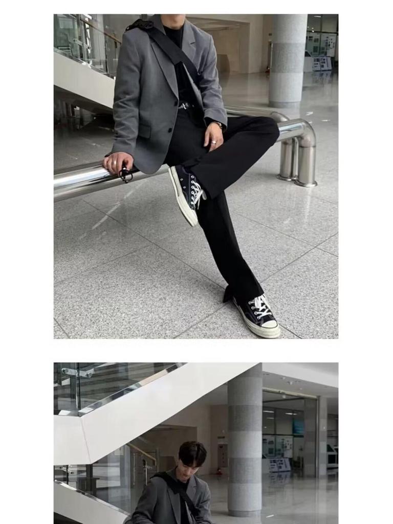 Men's High-End Black Casual Blazer - Korean Style with Shoulder Pads