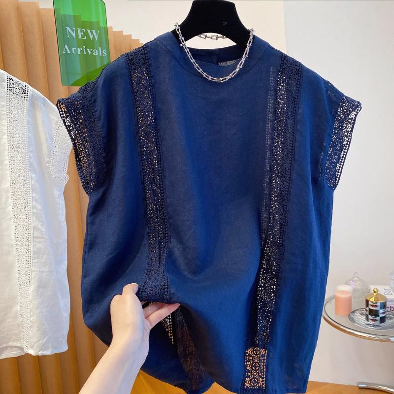 Women's White Lace Cotton Top - 2025 Summer Flutter Sleeve Patchwork Design