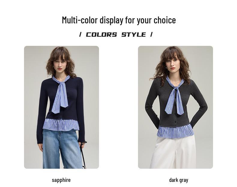 Women's Plaid Color Block Two-in-One College Style Long Sleeve Cardigan Top (2025 Autumn Edition)