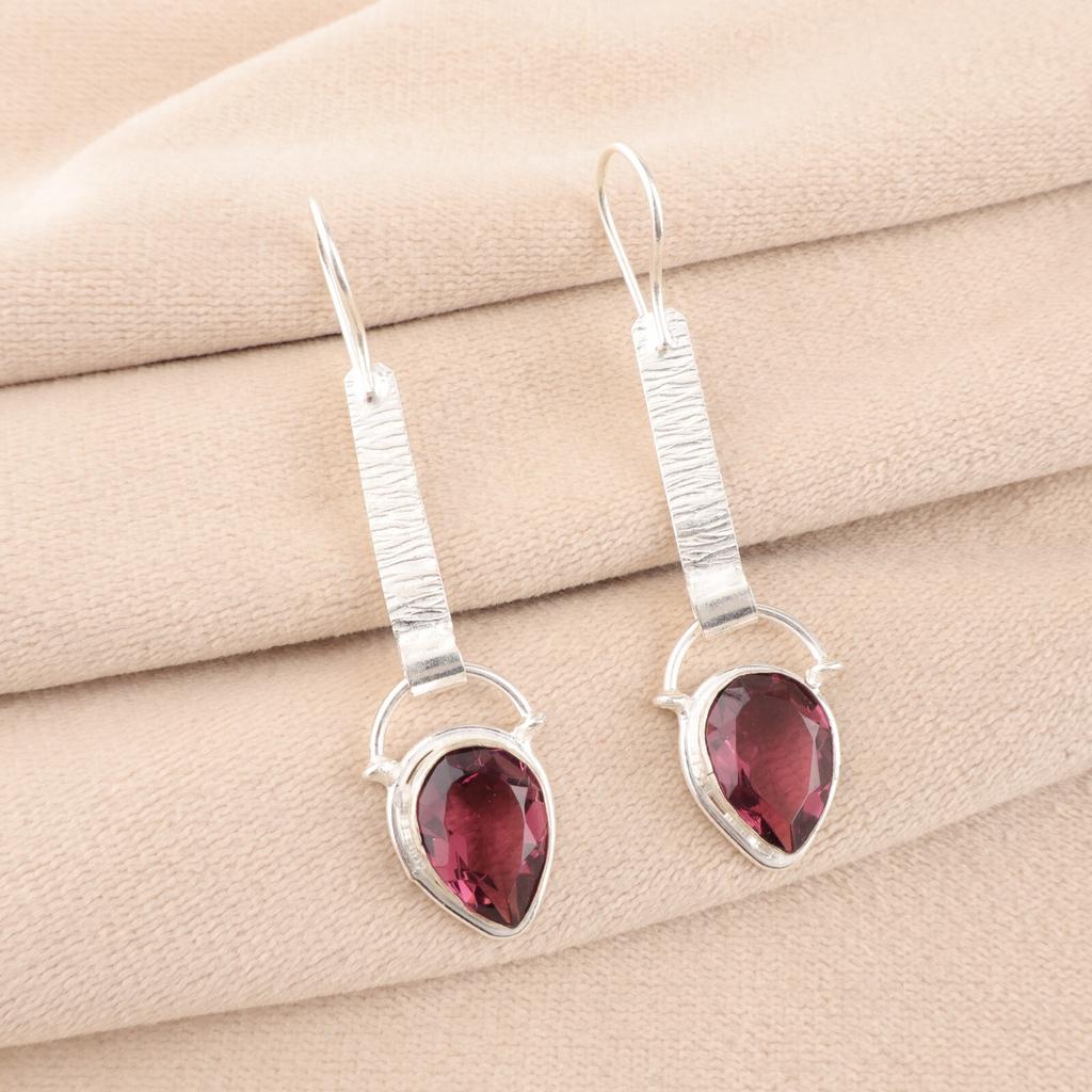 Rhodolite Gemstone 925 Stamped Silver Jewelry Handmade Earrings 2.3" For Sister EE-166-10