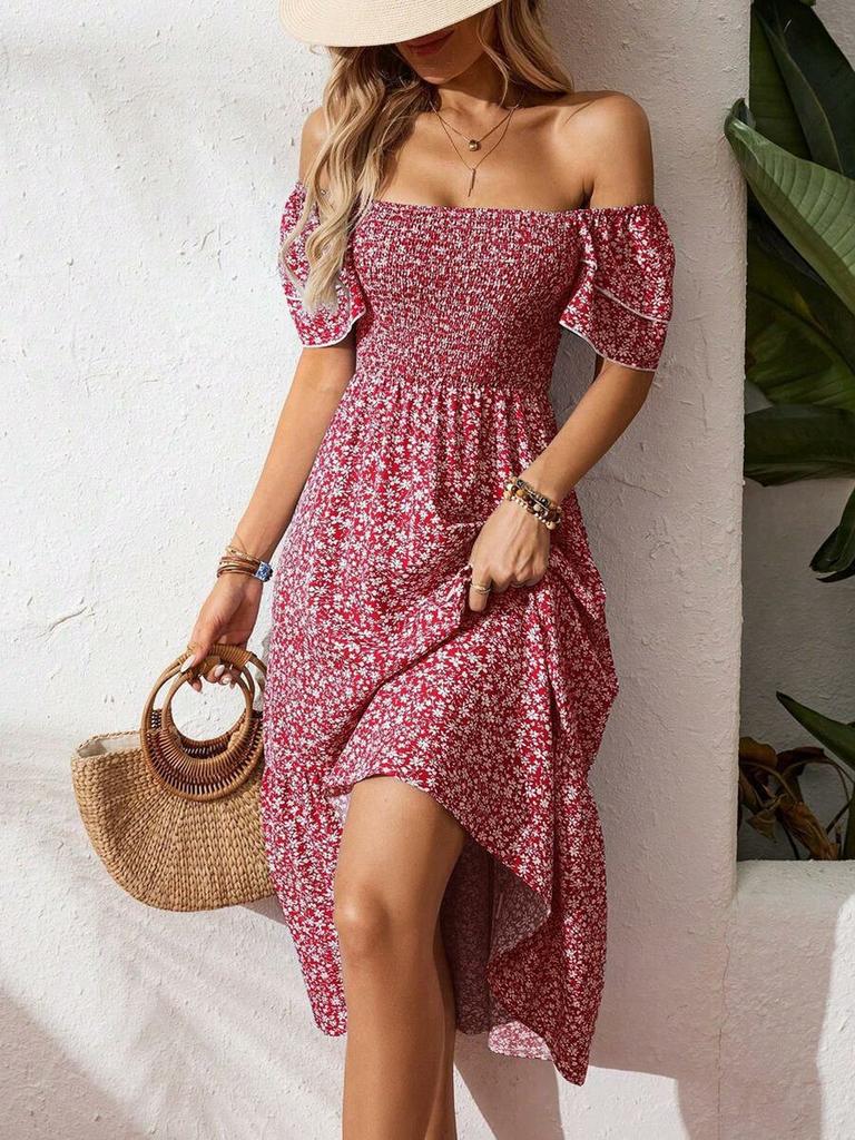 New Wish Bestseller Square Neck Bubble Sleeve Floral Ruffled Dress Long Dress