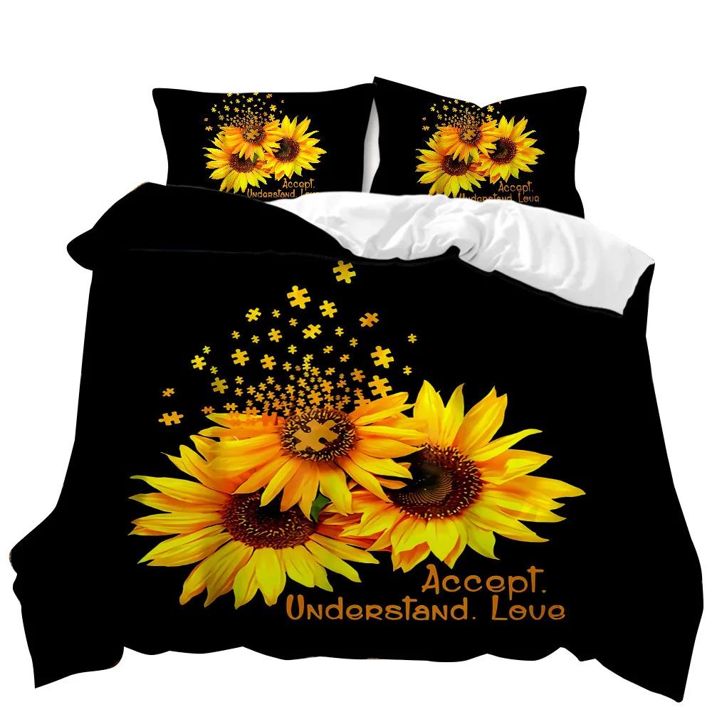 Queen Bettwäsche-Set Gelbe Sonnenblume Winter Bettbezug Set Kissenbezug Ropa De Cama King Size Schlafzimmer-Set Bettwäsche 3-teiliges Bett-Set