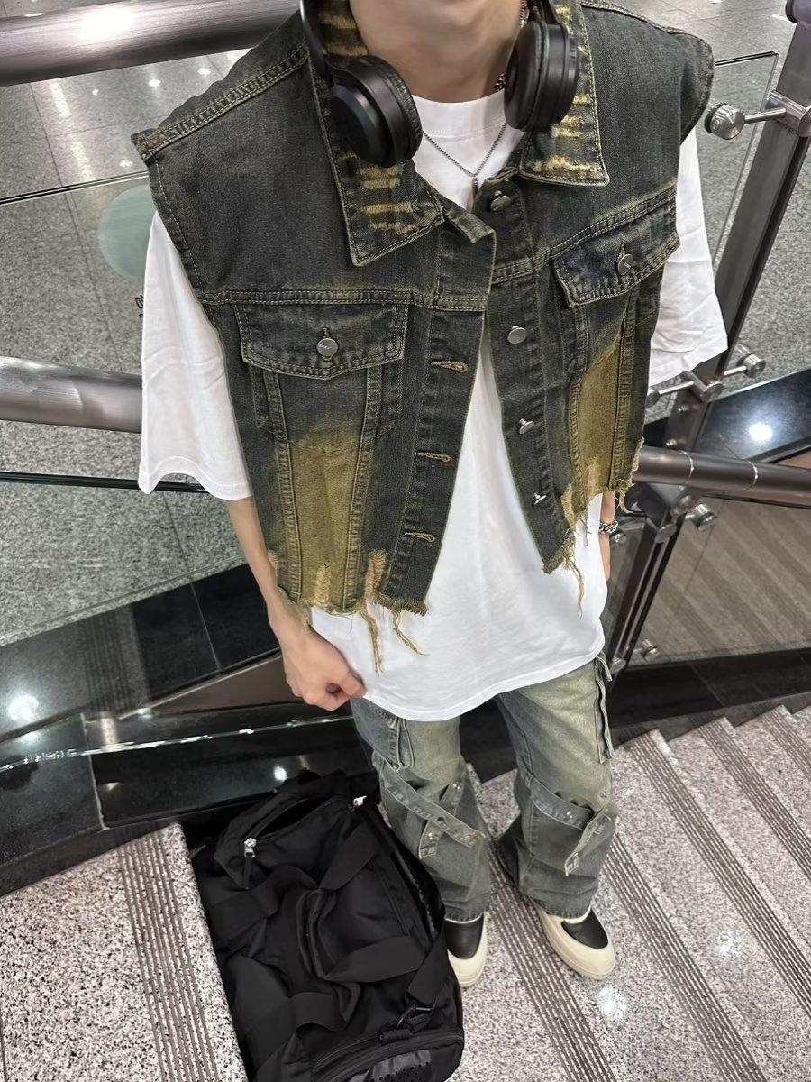 Stacked outer ripped denim vest jacket men s loose sleeveless jacket trendy tooling M синий