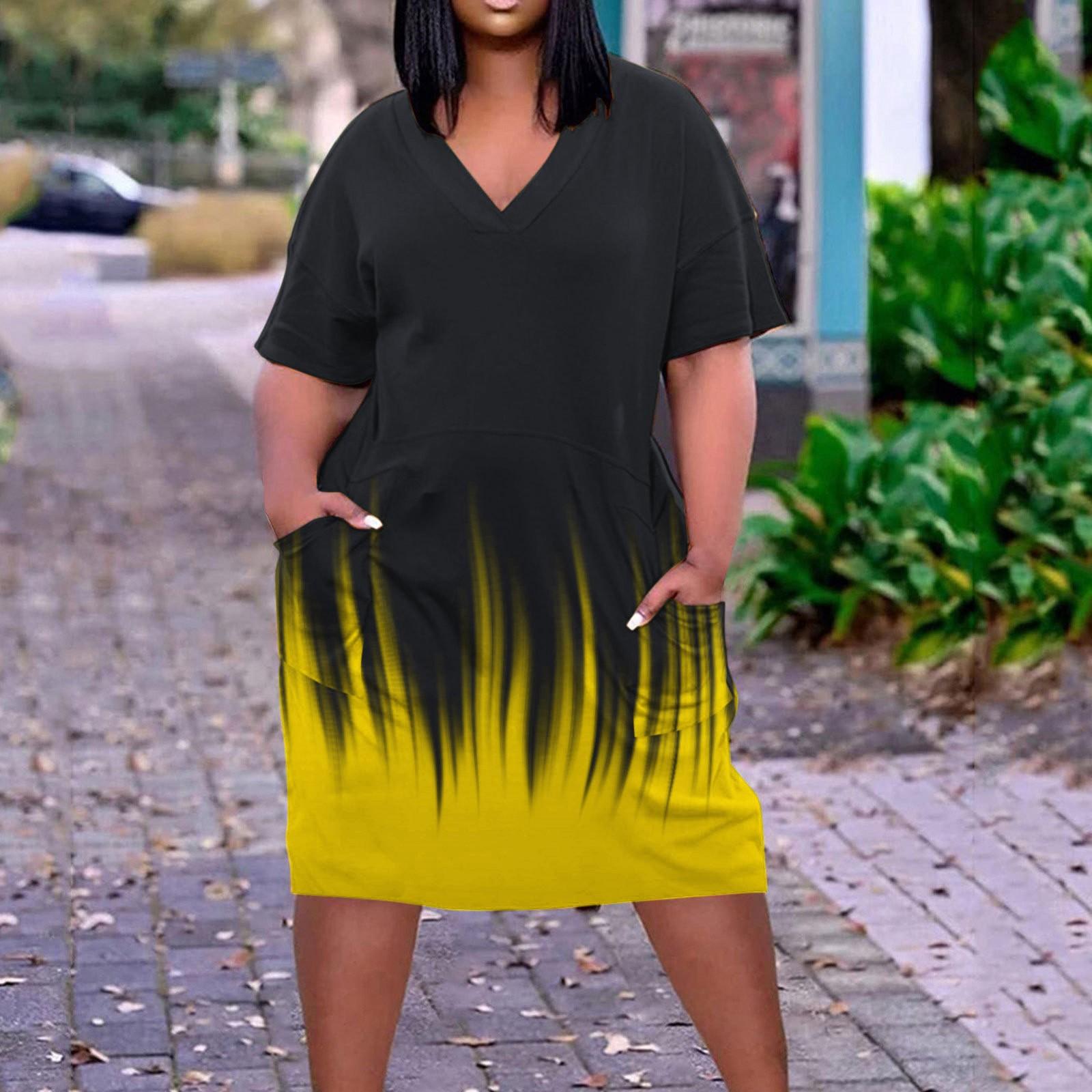 

Женское платье с V-образным вырезом и коротким рукавом. Летние платья. Платье-рубашка с принтом и карманом. XXXXXL жёлтый