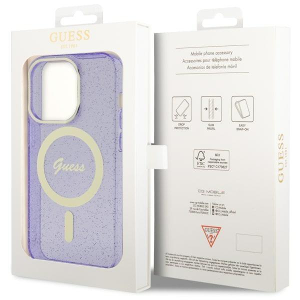 Etui do iPhone 14 Pro Guess Glitter Gold MagSafe Purpurowe