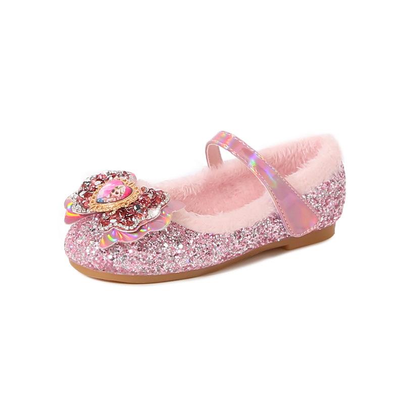 

Girls Elsa Princess Shoes Winter New Children s Crystal Shoes with Fleece Lining Soft Sole Flat Shoes for Little Girls 22 розовый