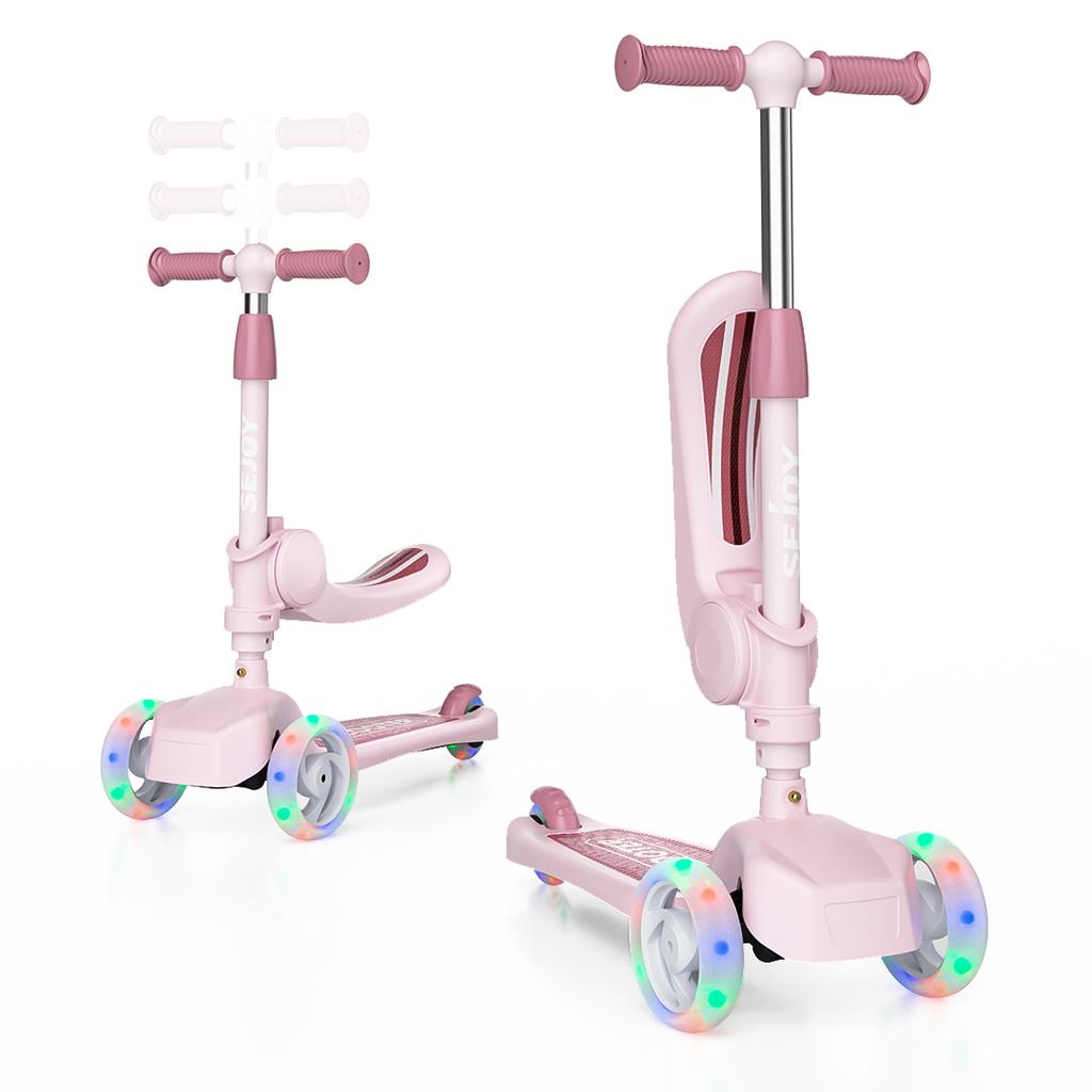 Tretroller für Kinder mit 3-rädrigen LED-Leuchten, verstellbarer Lenkstange mit Neigungssteuerung, klappbarem Sitz, Fahren im Sitzen oder Stehen, für 3-8 Jahre