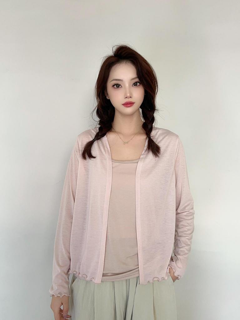 Dámský lehký kardiganový šál s dlouhým rukávem na jaro/léto 2025 - Slim pletená klimatizační bunda