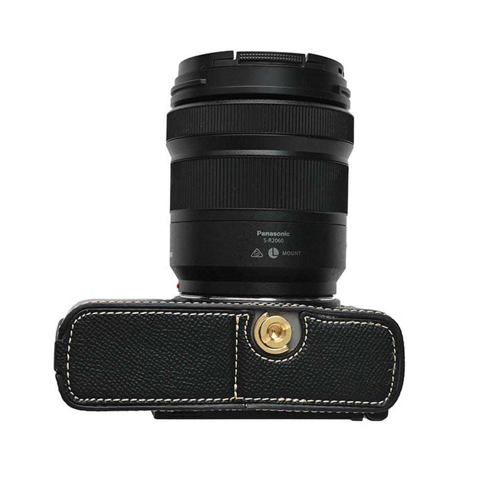 Palm Print PU Leather Camera Half Body Case For Panasonic Lumix S9 Battery Opening Bottom Cover With Strap