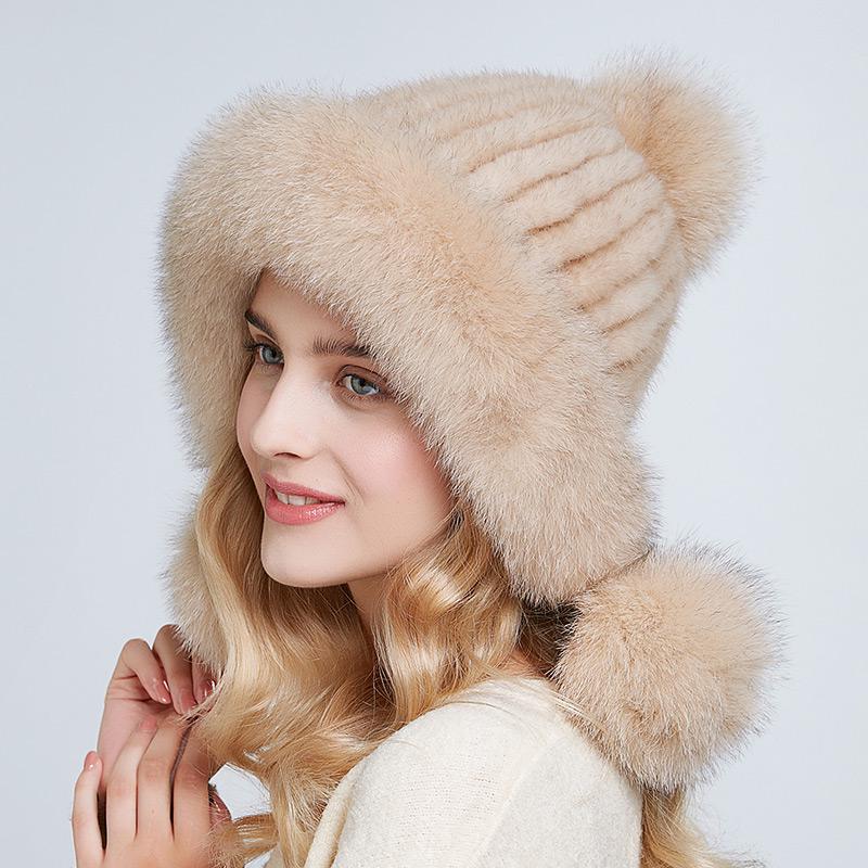 Winter Real Mink Fur Hat for Women Fox Fur Pompom Ear Protect Caps Warm Lined Knitted Fur Beanie Hat With Custom Logo
