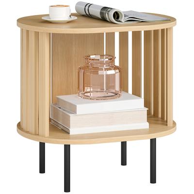 Owalny Stolik Boczny Stolik Końcowy do Sofy Otwarta Przechowywanie Stalowe Nogi Design z Listew 50x39x50cm Efekt Naturalnego Drewna