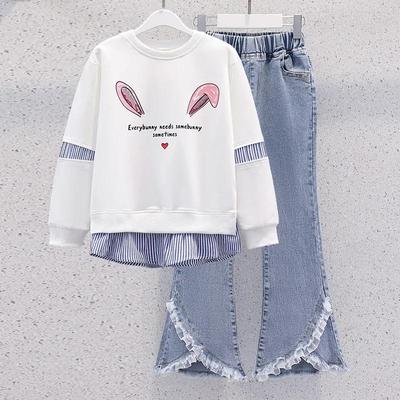 Girls Spring Casual Suit Middle and Big Children Long Sleeve Round Neck Pullover + Jeans Two-piece Set