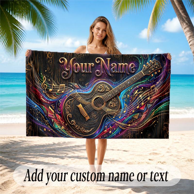Music Guitar Theme Beach Towel Personalized Custom Name & Text Soft Quick Dry Beach Towel for Swimming Travel