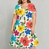 Women Plus Size Two Piece Dress Set Floral Printed V Neck Short Sleeve Tie Front Shrug Strappy Flared Dress White Blue