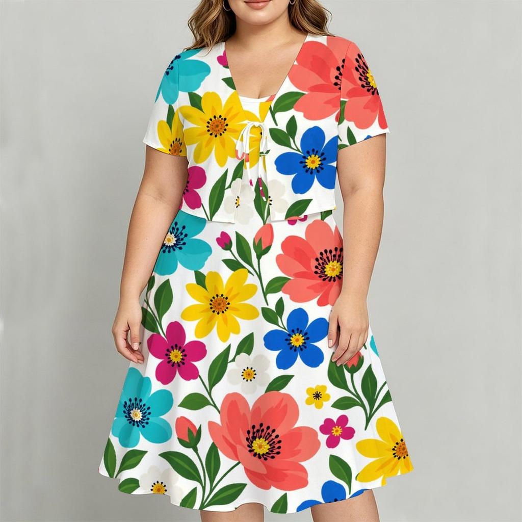 Women Plus Size Two Piece Dress Set Floral Printed V Neck Short Sleeve Tie Front Shrug Strappy Flared Dress White Blue