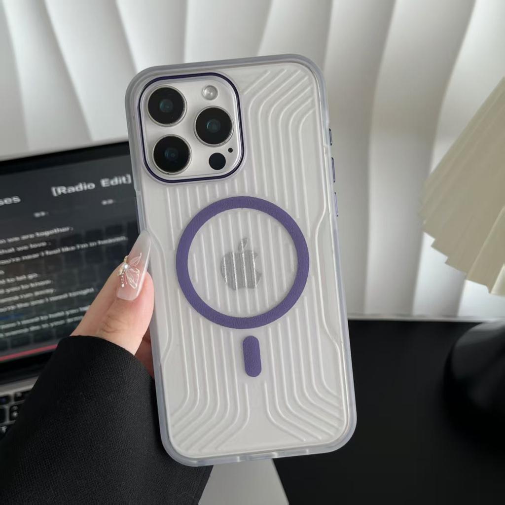 Semi-transparent Corrugated Anti-slip Frame Metal Button Magnetic Suction Phone Case Suitable for IPhone16Pro Anti-fall 15/14