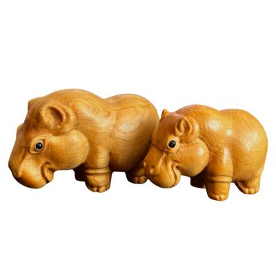 Tonra Hippopotamus Parent and Child African Decorative Miniature Animal Baby Welcome Lucky Protection from Evil Figurine, Wooden, Gift, Gift, Shelf,