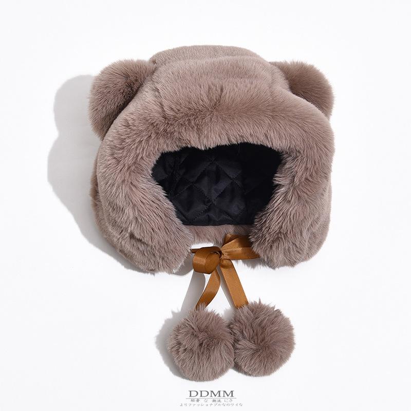 Bear Ears Hat Female Fall and Winter Sweet and Cute Lei Feng Cap Plush Ball Ball Hundred with Ear Protection Warm Cycling