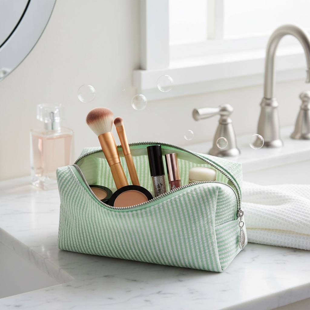 Striped Embroidery Makeup Bag Travel Cosmetic Organizer Waterproof Portable Toiletry Pouch For Women