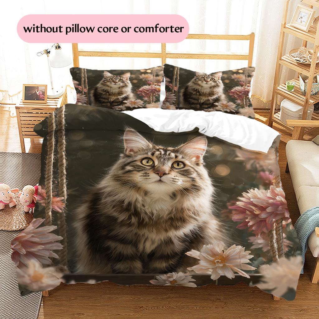 Maine Coon and Flowers Pattern Bedding Home Decoration Birthday Gift (1 * Duvet Cover + 2 * Pillowcase, Without Core)