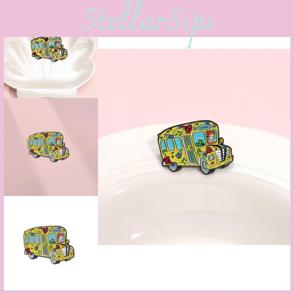 Creative Colorful Bus Shaped Badge Featuring Red Haired Girl Cartoon Design For Unique Personal Styling