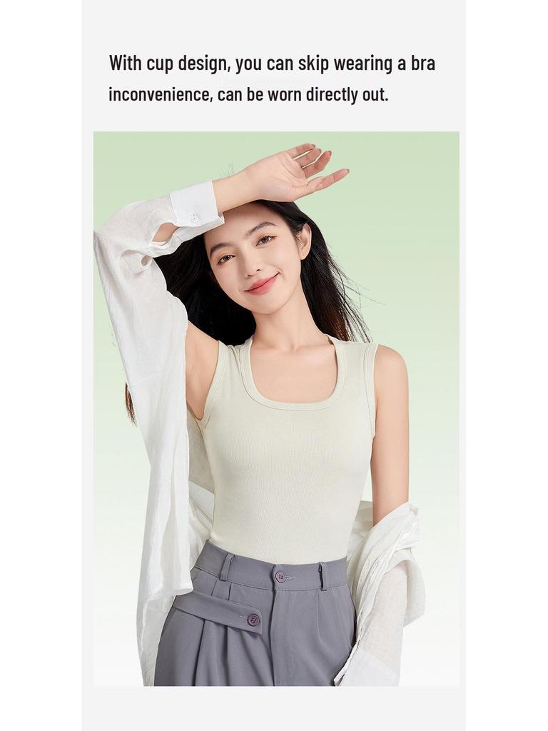 Women's Cooling Wide-Shoulder Tank Top with Chest Pad, Antibacterial Tencel Cotton, Summer Innerwear