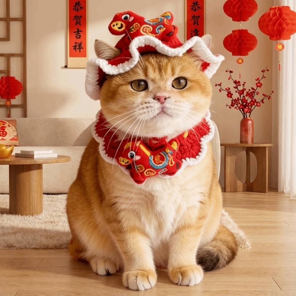 Red Chinese Style Pet Scarf Cartoon New Year Cat Headwear Winter Dog Cap Cat Collar  Pet Costume