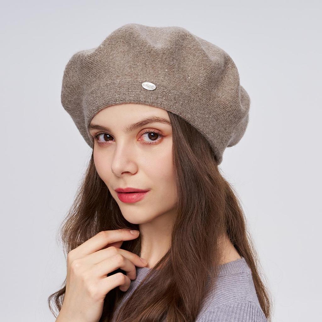 A Women's Beret Knitted Woolen Hat with Autumn and Winter Thick Ear Protection Wool Hat and Shiny Diamond Decoration