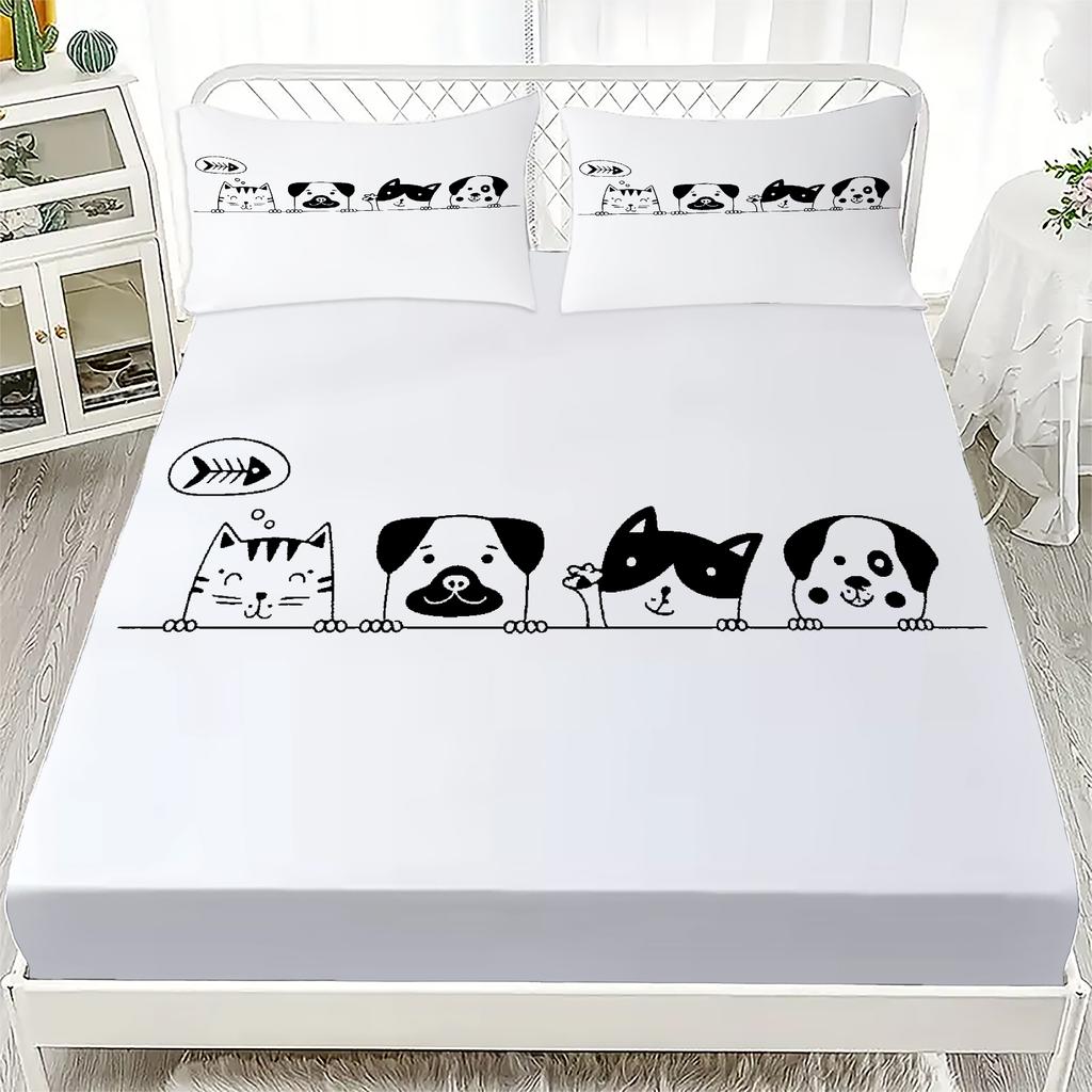 3pcs White Fitted Sheet Set Lovely Cartoon Cat Dog Print 100% Polyester Breathable Bedding Set for Home Decor with 2 Pillowcases